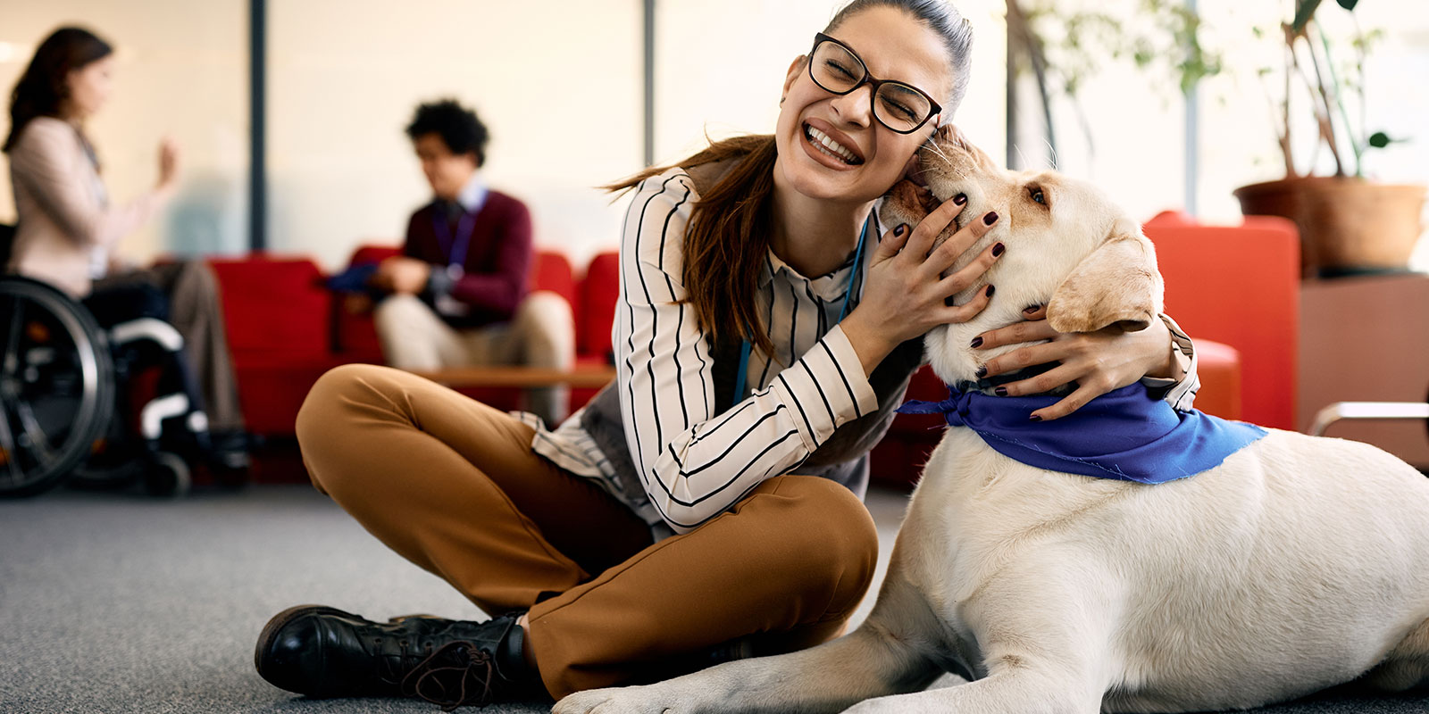 Adult female hugging a therapy dog. 